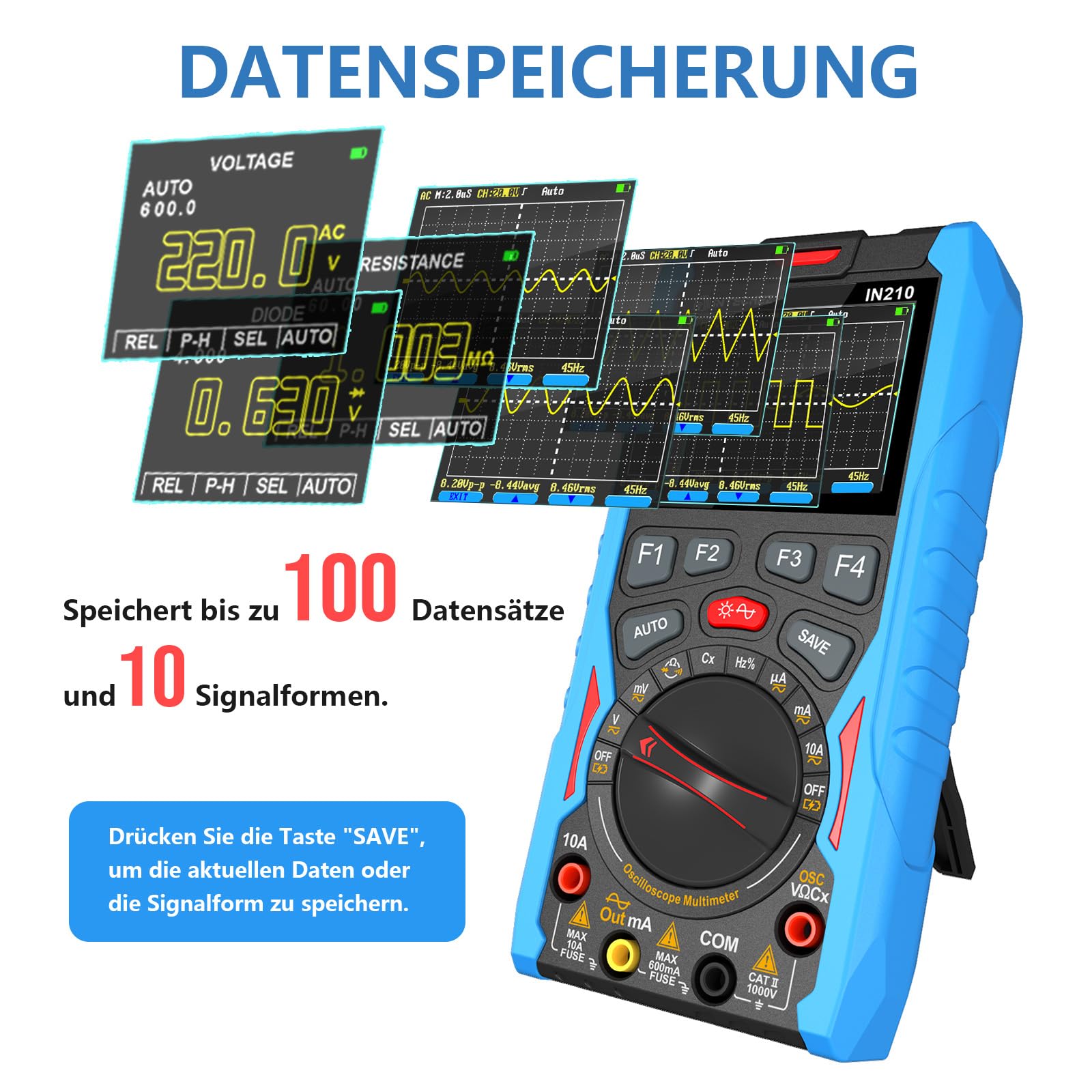 IN210 Digitales Oszilloskop-Multimeter – 12 MHz, 50 Msps, 6000 Counts, True RMS, Signalgenerator, 2,4"-Display, für Elektronikreparatur, Labor, DIY und Ausbildung