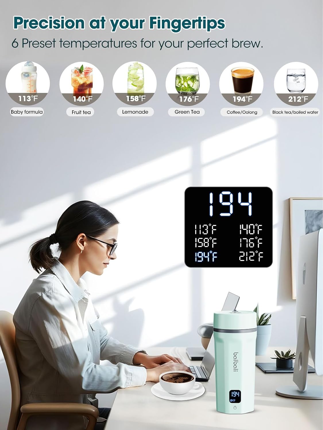 balbali 18.6oz Portable Kettle for Travel 100-250V Dual Voltage for International/Global/Europe - 6 Preset Travel Electric Kettle Hot Water Boiler/Heater/Warmer/Tea Maker - Green - Image 4