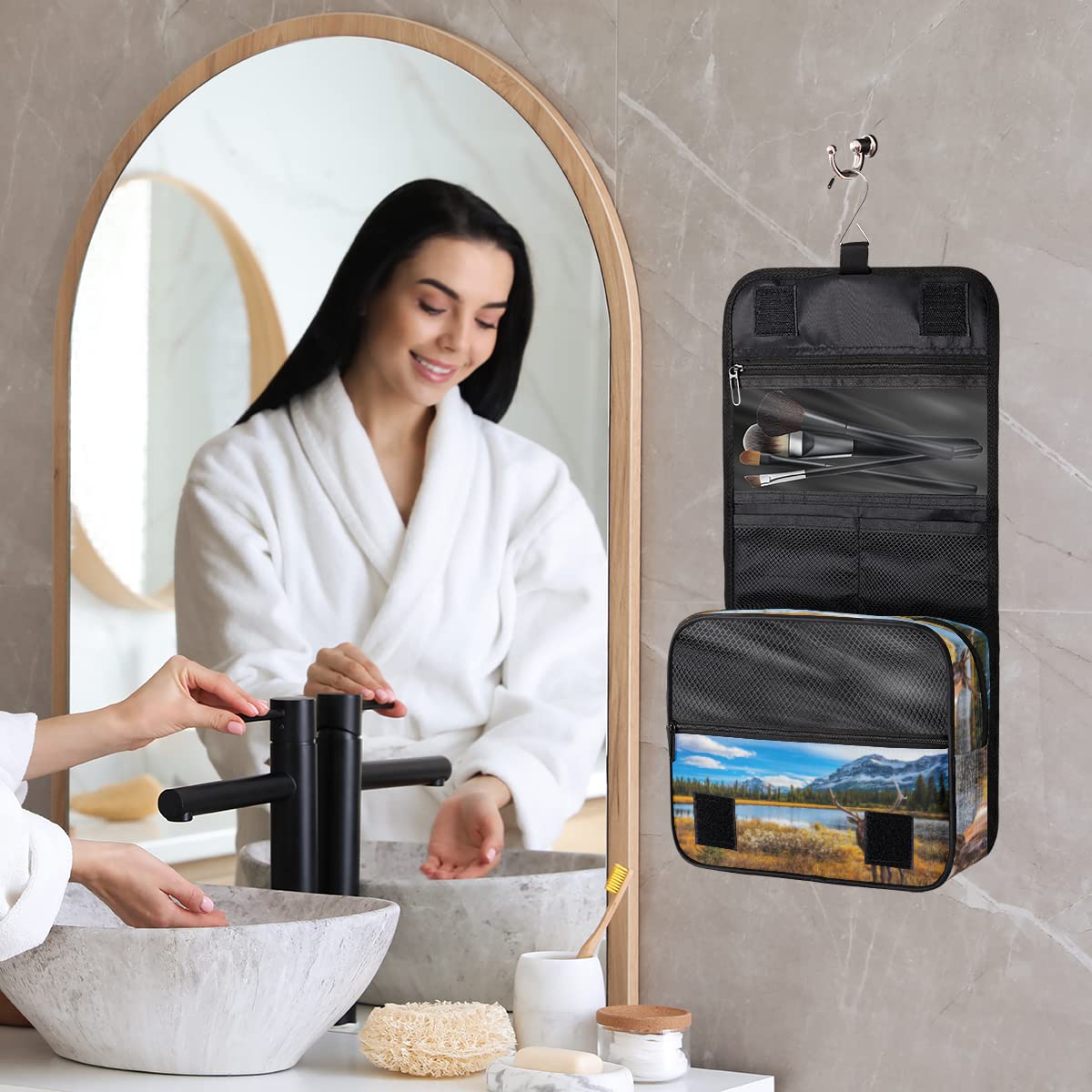 Podróżna kosmetyczka jeleń jesień jeleń torba do mycia torba uniseks wiszące przybory toaletowe kosmetyczne organizer do makijażu, wielobarwny, Jeden rozmiar