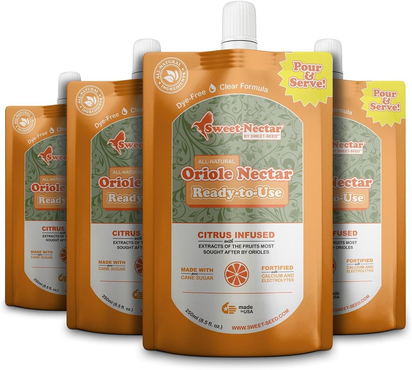 sweet-seed Oriole Nectar 250mL (8oz), Ready to Use - Extends The Life of Nectar for Oriole Feeders | Ultimate Oriole Food… (4-Pack)