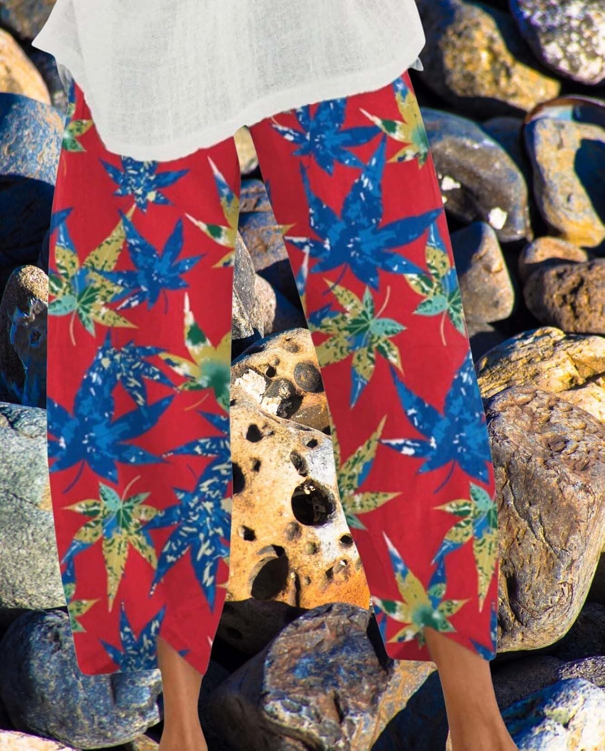 Boho Capri Pants for Women Summer High Elastic Waist Wide Leg Trousers Beach Vacation Fashion Pant with Pockets