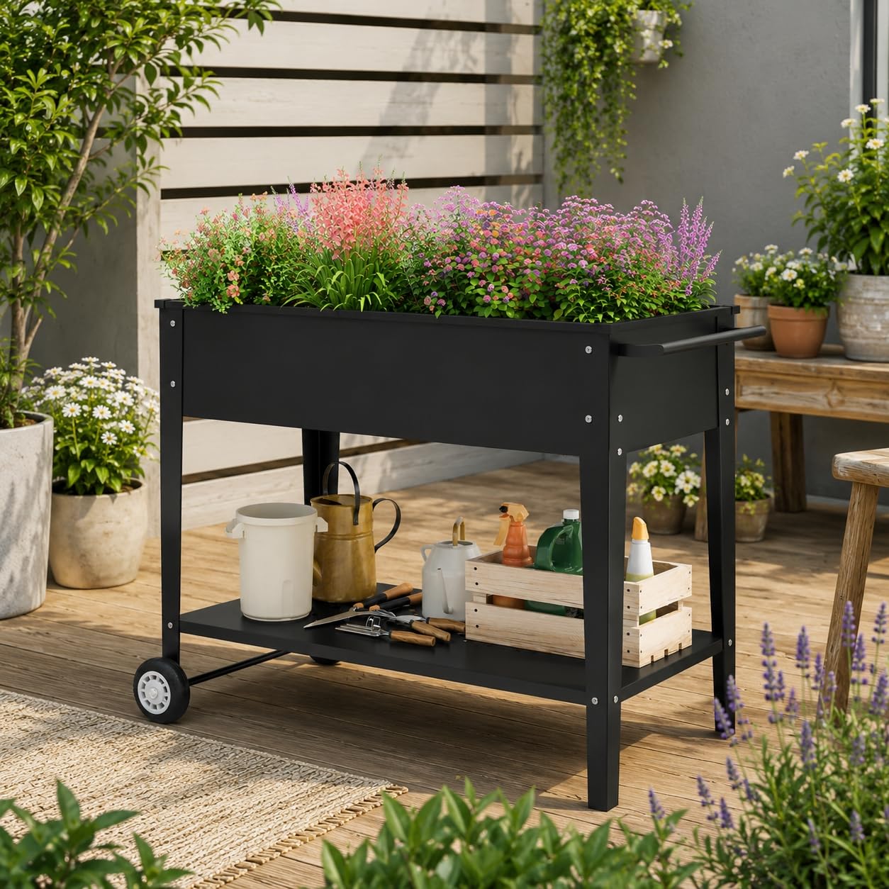 Xbro Huerto Urbano con Ruedas y Estante Inferior, Jardinera Elevada de Metal para Plantas, Flores y Verduras, Macetero Móvil para Terraza, Balcón y Jardín, 104 x 41 x 80 cm, Negro