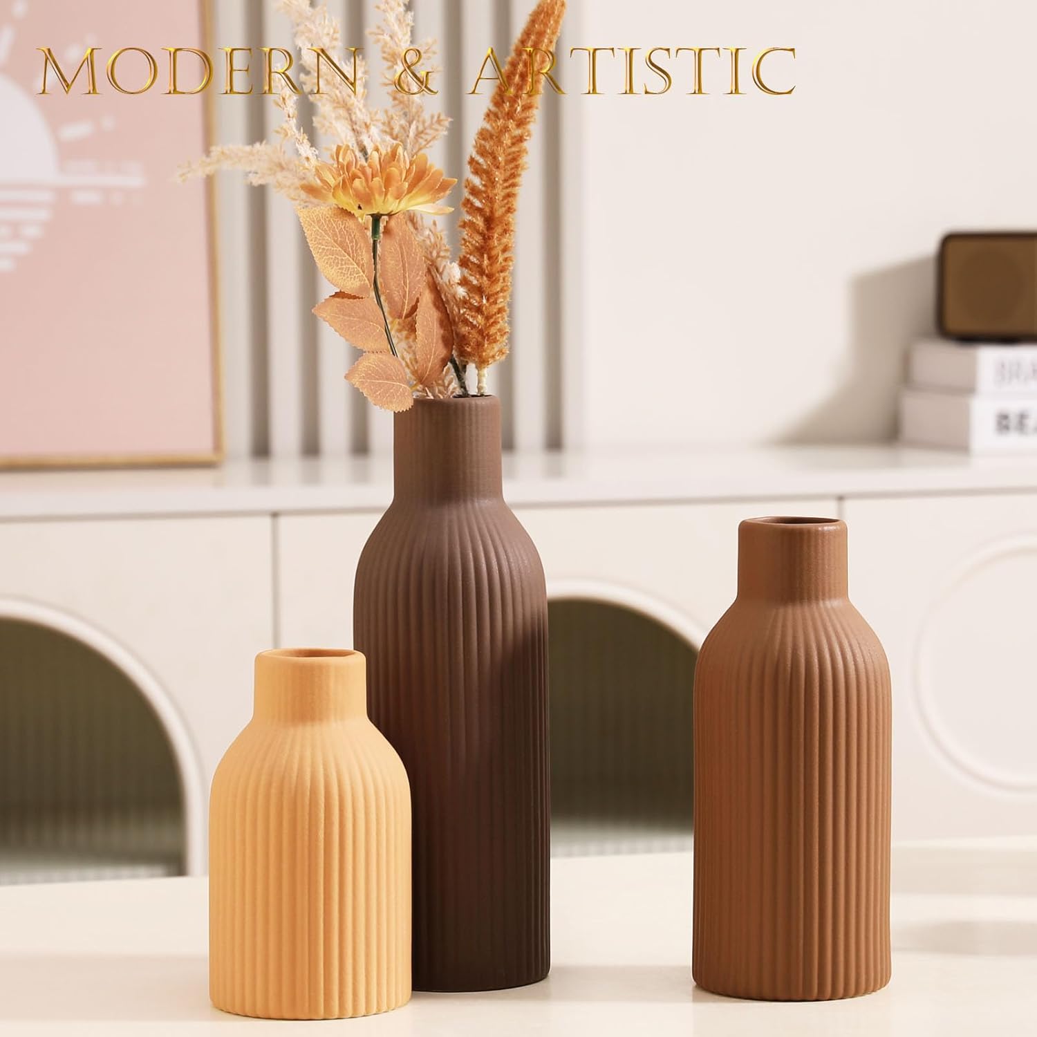 Ceramic Vase Set of 3 - Handcrafted Ceramic Vases for Home Decor & Shelf - Modern Farmhouse Decor for Kitchen, Office, Bedroom & Living Room Decorative Objects for Mantel, Table Centerpieces - Image 2