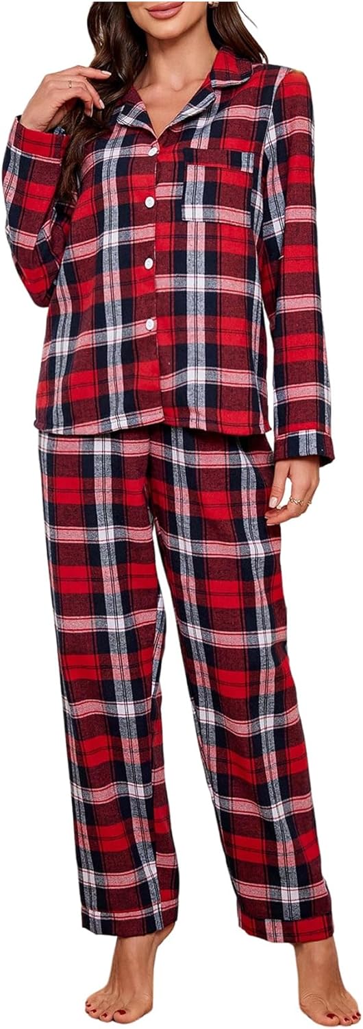 MakeMeChic Women's 2 Piece Plaid Pajama Set Long Sleeve Button Down Shirt and Pants Matching Sets