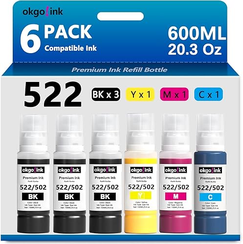 522 botellas de repuesto de tinta ET-2800 ET-4800 ET-2400 ET-2803 T522 (20.3 onzas líquidas) de repuesto para impresora compatible Eco Tank ET-2720
