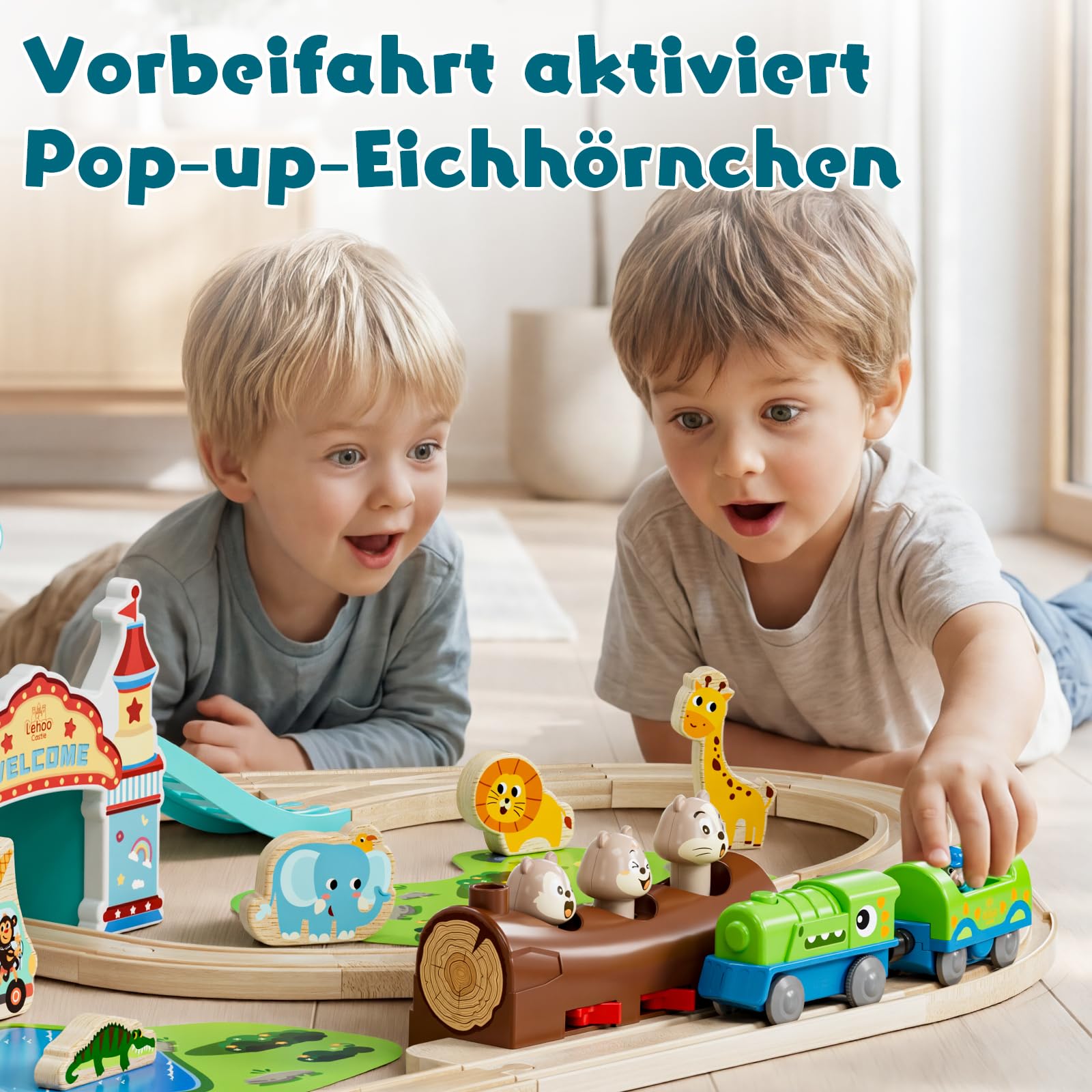 Lehoo Castle Holzeisenbahn mit Elektrischer Lok Dinosaurier, Freizeitpark Holz Eisenbahn Kinder, Holzeisenbahn Zubehör, Holz Spielzeug Geschenk für Kinder ab 3+ Jahre