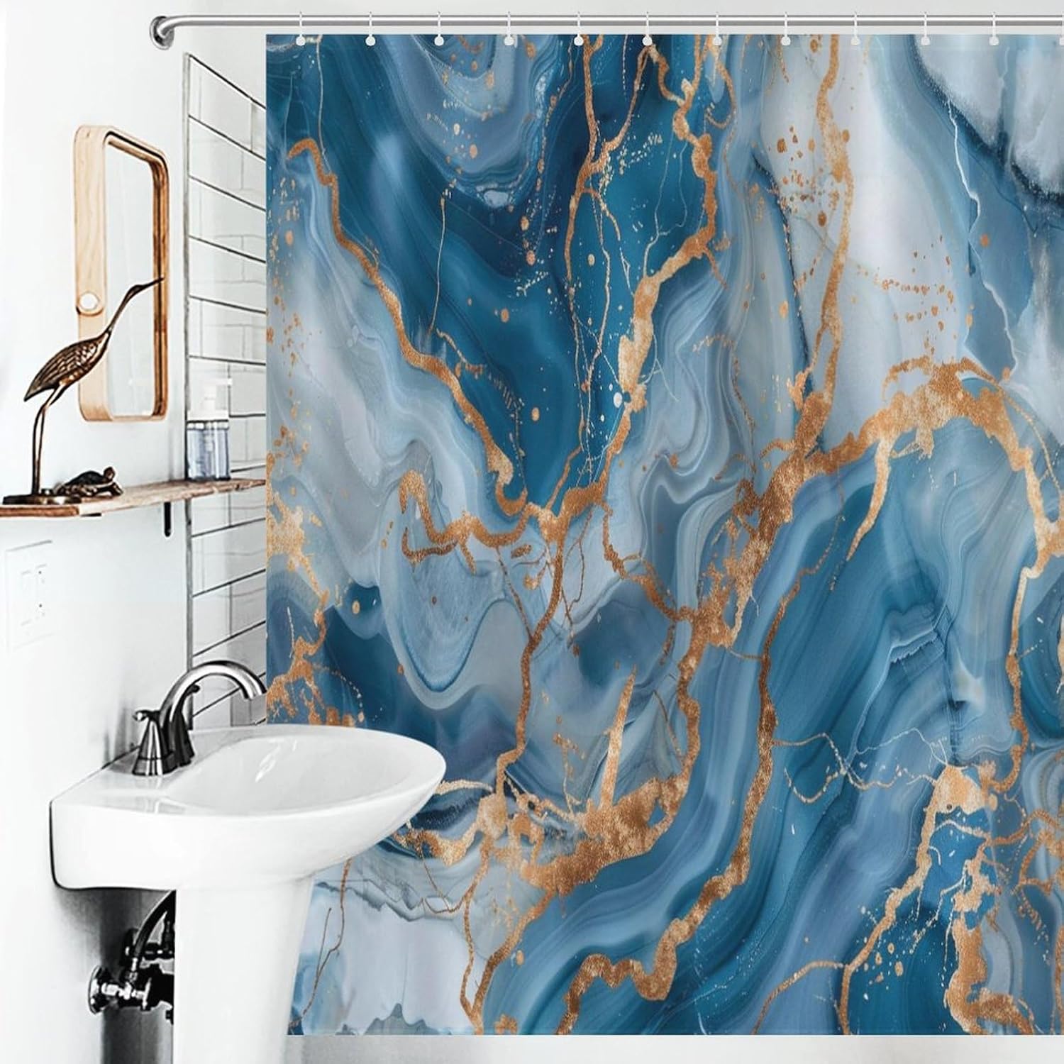 Marble Shower Curtain, Modern Abstract Foil Stone Texture Gold Blue Marble Shower Curtains Sets for Bathroom, Art Bath Curtain,Waterproof Fabric with 12 Hooks 60x72Inch（152x183cm）