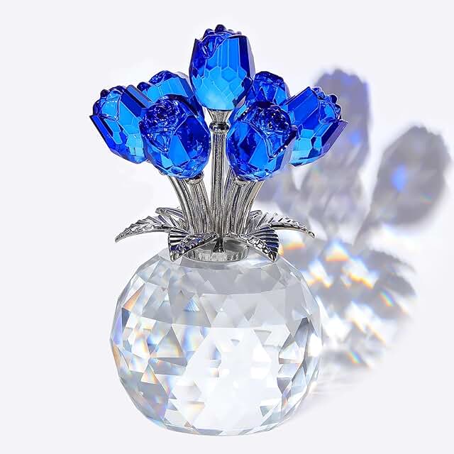 Crystal Blue Rose Bouquet Figurine with Round Vase, Glass Rose Flower Ro...