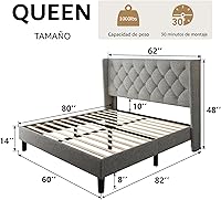 Vista 2 de iPormis Base de cama de plataforma tamaño Queen con cabecera capitoné con botones, marco de cama tapizado con listones de madera maciza, espacio