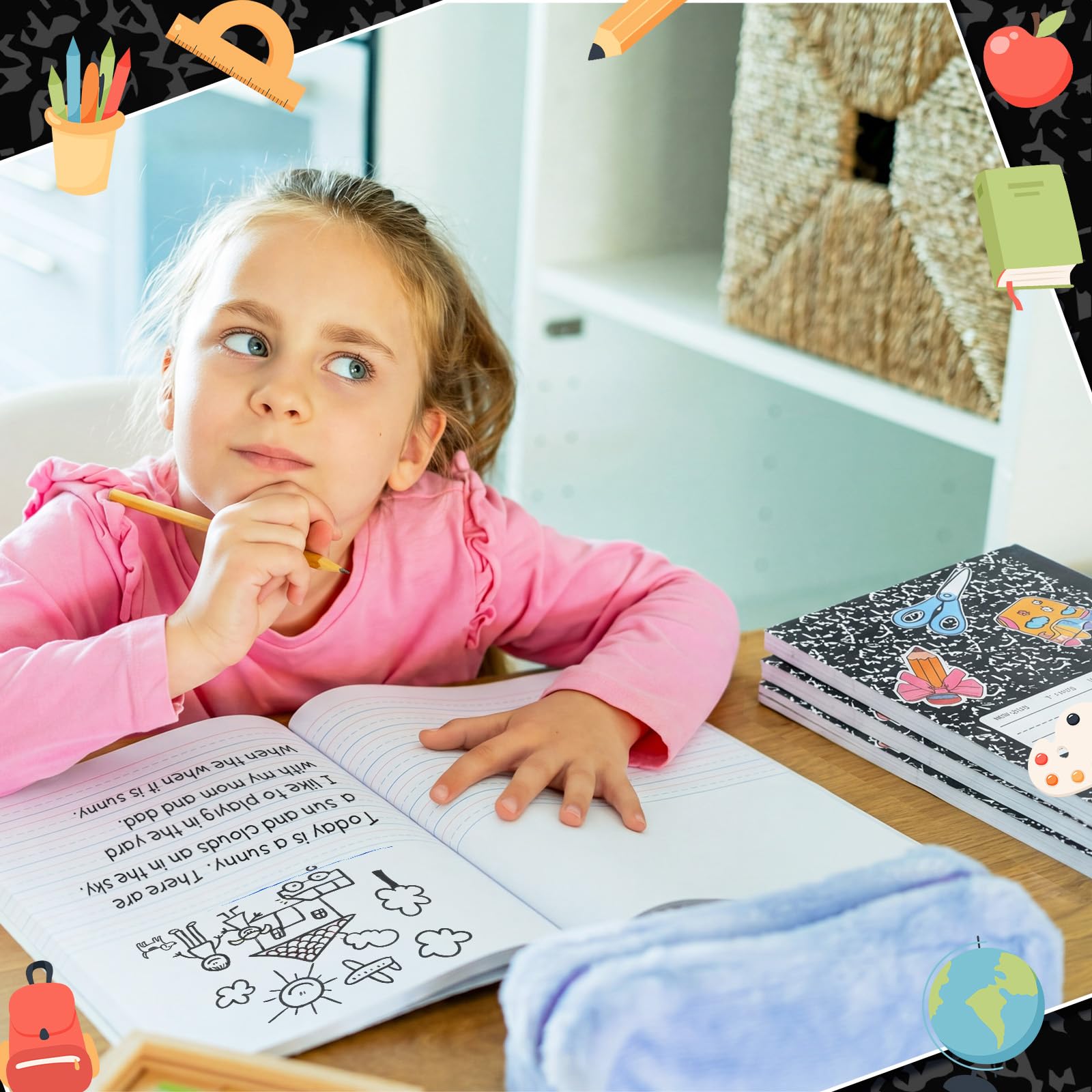 Gueevin Lot de 6 carnets de composition primaire en marbre noir avec espace photo en vrac pour les classes K-2 110 pages 21,6 x 27,9 cm Demi-journal primaire K-2 histoire de dessin pour la rentrée