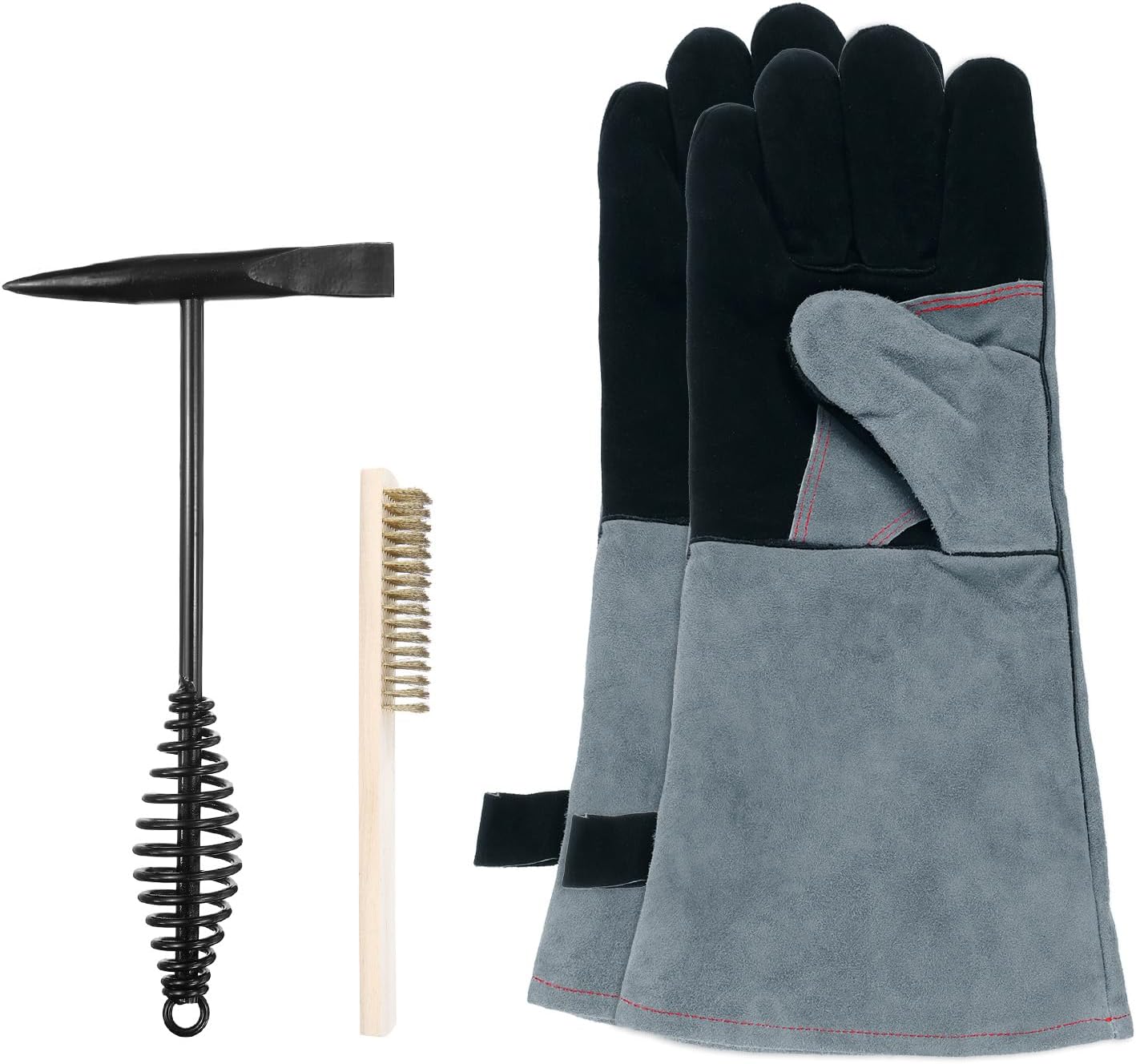 HARFINGTON 3pcs 11.3" Welding Chipping Hammer with Coil Spring Handle and 8.1" Welding Steel Wire Brush Copper-plated & 16" Welding Gloves Slag Remove Tool