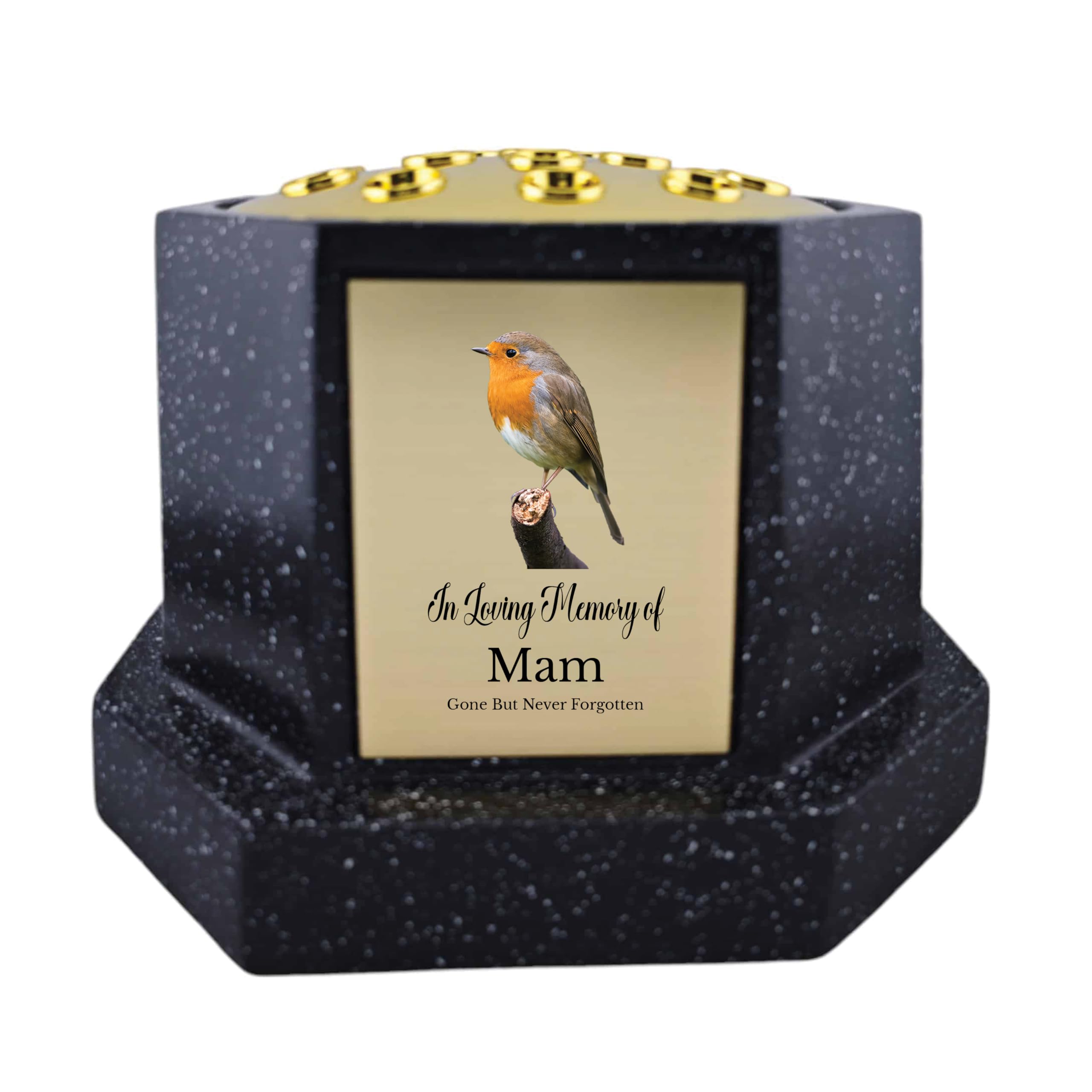 1Stclassgifts Black In Loving Memory Of Memorial Octagon Rose Bowl Grave Marker Flower Pot Vase With Robin Design Mum Dad & Lots More /Gold (Uv Printed) (Mam)