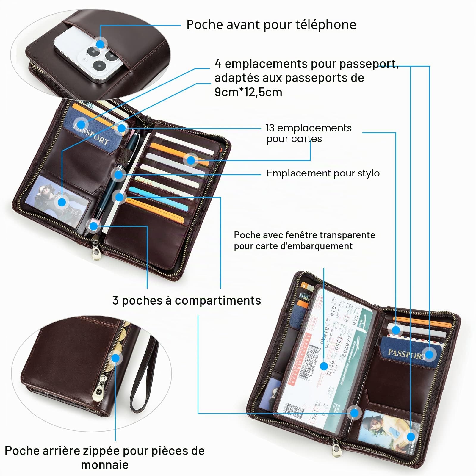 Contacts Hommes En Cuir Véritable Portefeuille Zipper Chéquier Titulaire Argent Billets Voyage Passeport Titulaire De La Carte Pochette Grande Capacité