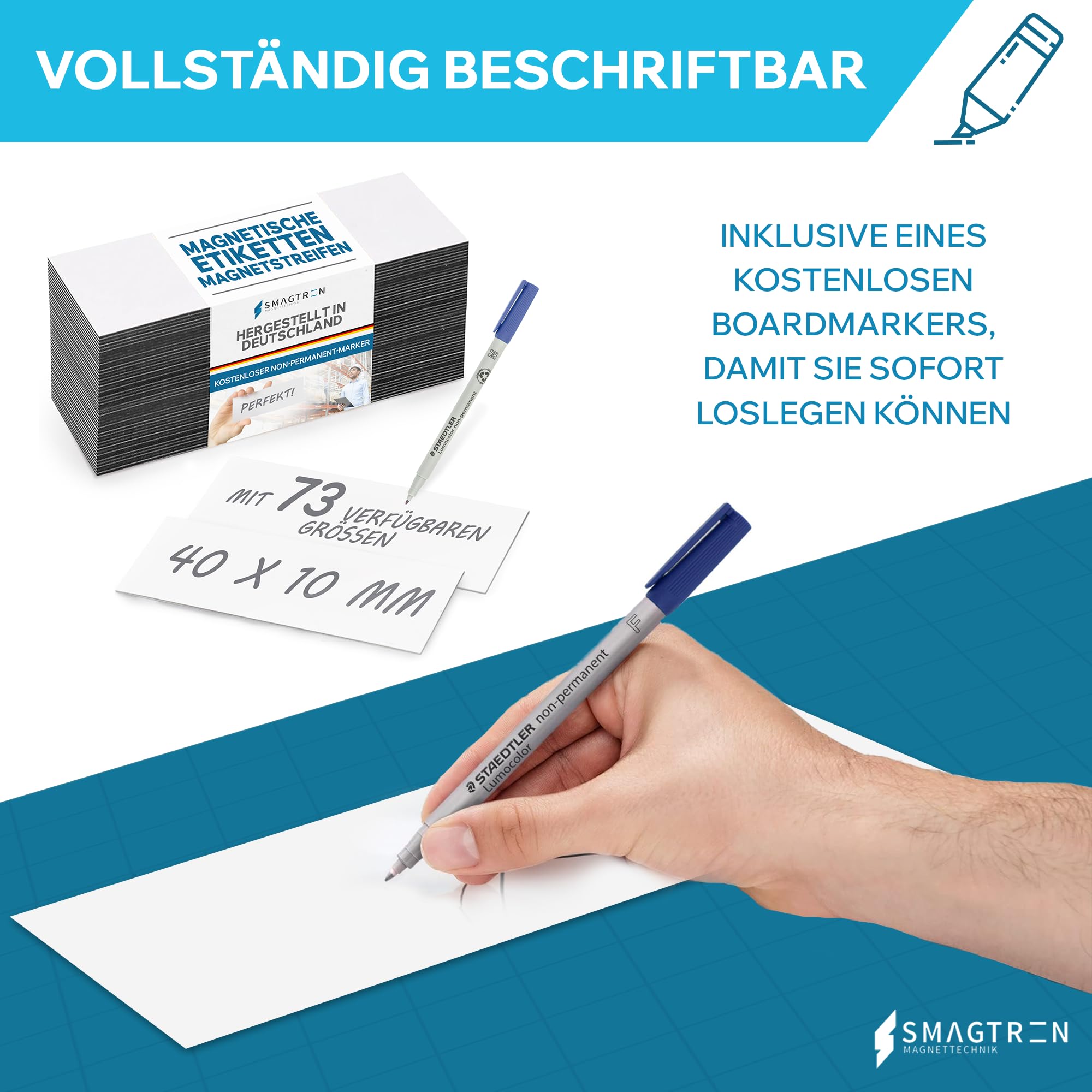 Magnetschild Magnetetiketten Magnetstreifen - Magnet Etikett inkl. Gratis Stift - für Lagerbeschriftung Kennzeichnung, Magnettafeln, Magnetband, Größe:150 x 100 mm, Menge:25 Stück