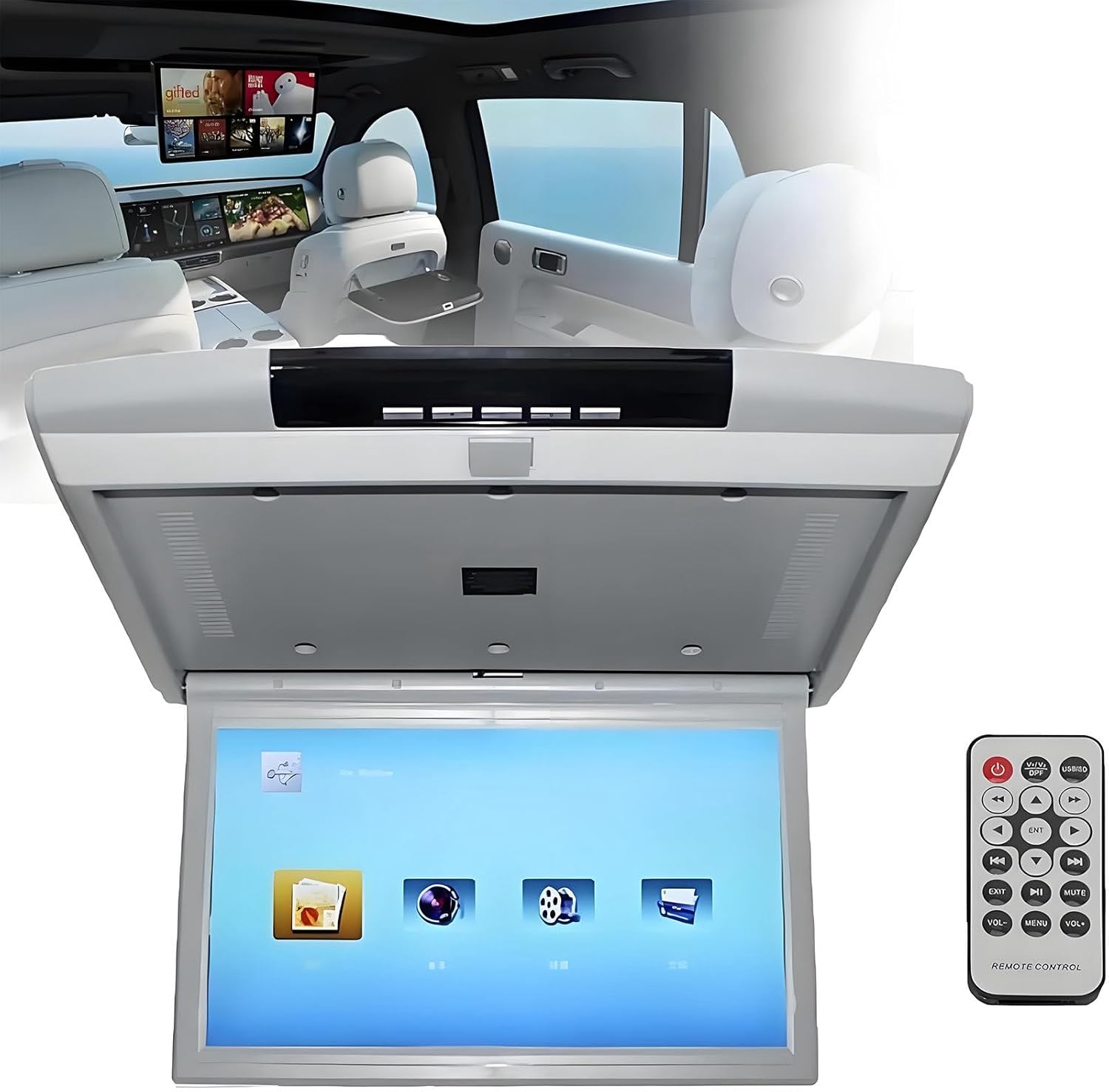 1080p Car Monitor HD LCD Screen,Video Player Car Roof Mount Display,Multimedia Ceiling TV Mirror Link Fm (Grey)