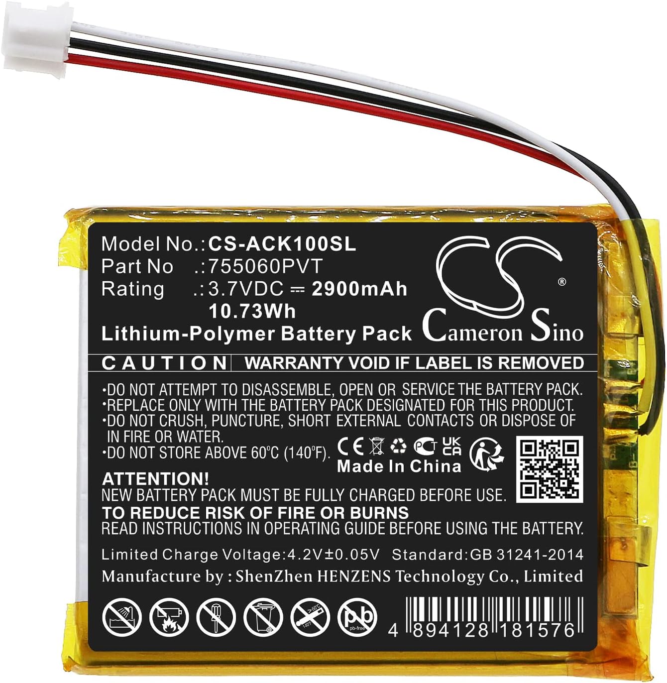 Cameron Sino Battery for AUTOKEYSPROTOOL CK-100 PN:AUTOKEYSPROTOOL 755060PVT 2900mAh / 10.73Wh