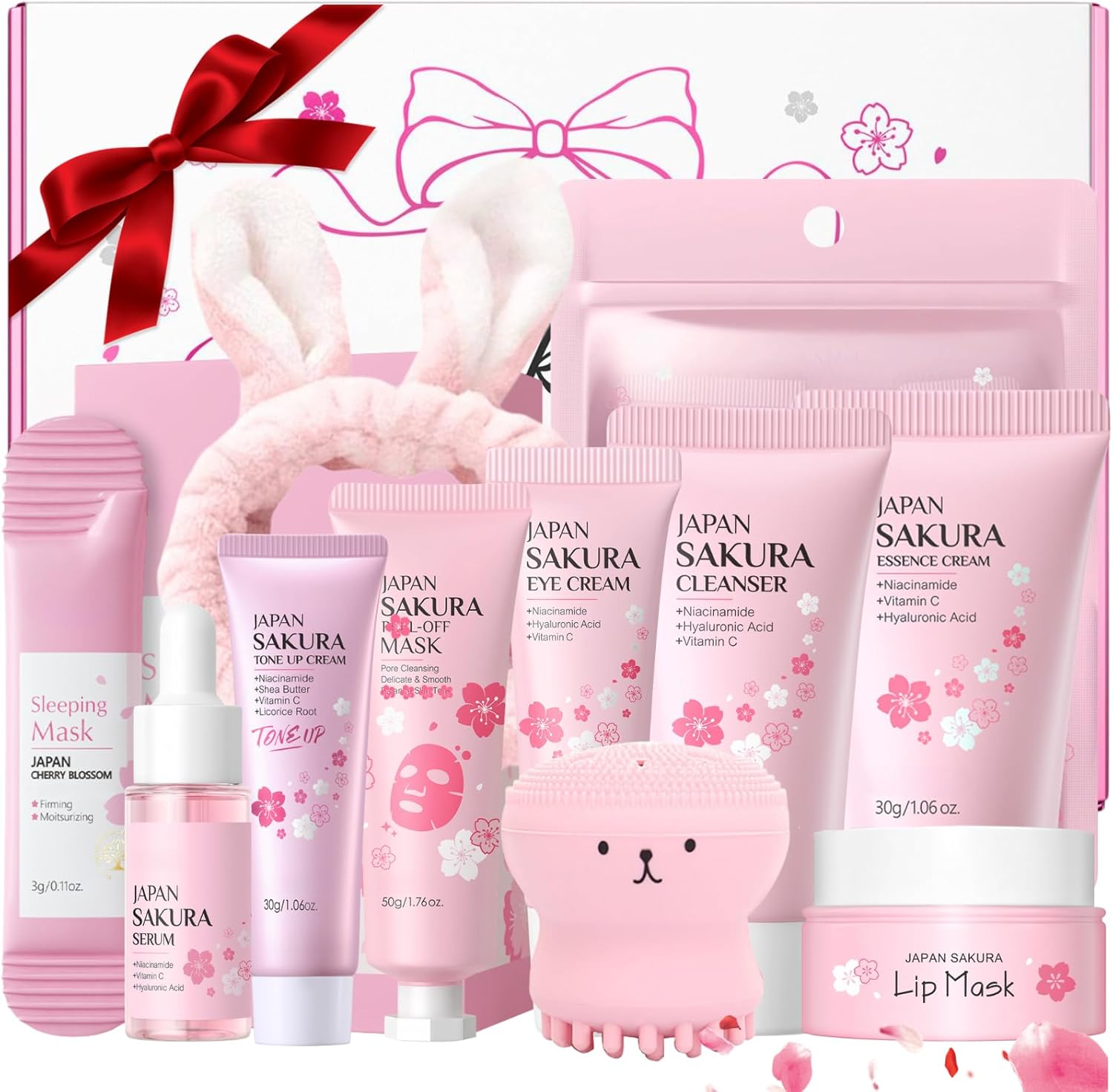 Sakura Skincare Set, Skincare Set Sakura Teen Girls Gifts, Skincare for Teens 10-12, Gift Set for Teenage Girls, hydrating routine with cleanser, serum, cream, headband, cleansing brush, 10pcs