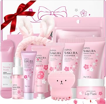 Sakura Skincare Set, Skincare Set Sakura Teen Girls Gifts, Skincare for Teens 10-12, Gift Set for Teenage Girls, hydrating routine with cleanser, serum, cream, headband, cleansing brush, 10pcs