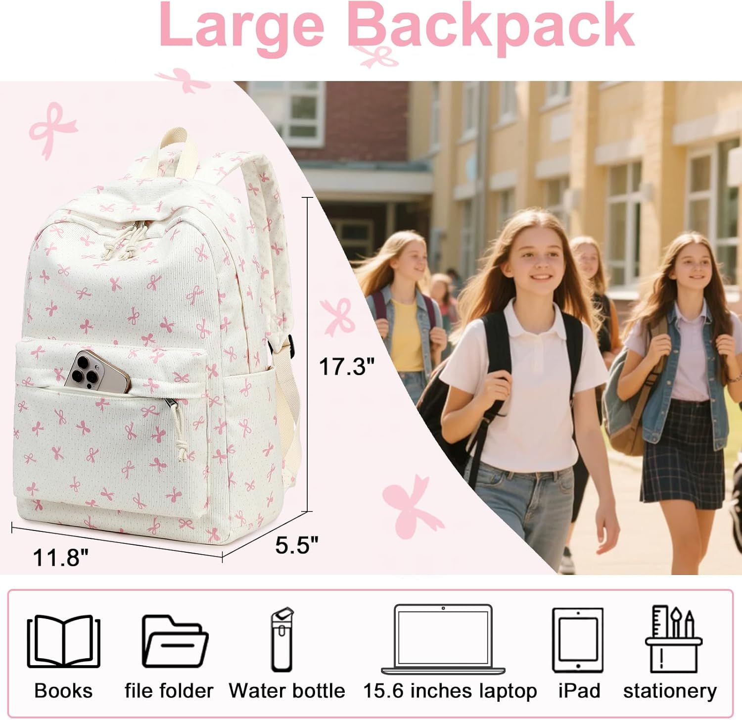 LEDAOU Kids Backpack for Girls Backpacks with Lunch Box, Lightweight Bookbag Set Elementary Middle School Back pack for 8-14