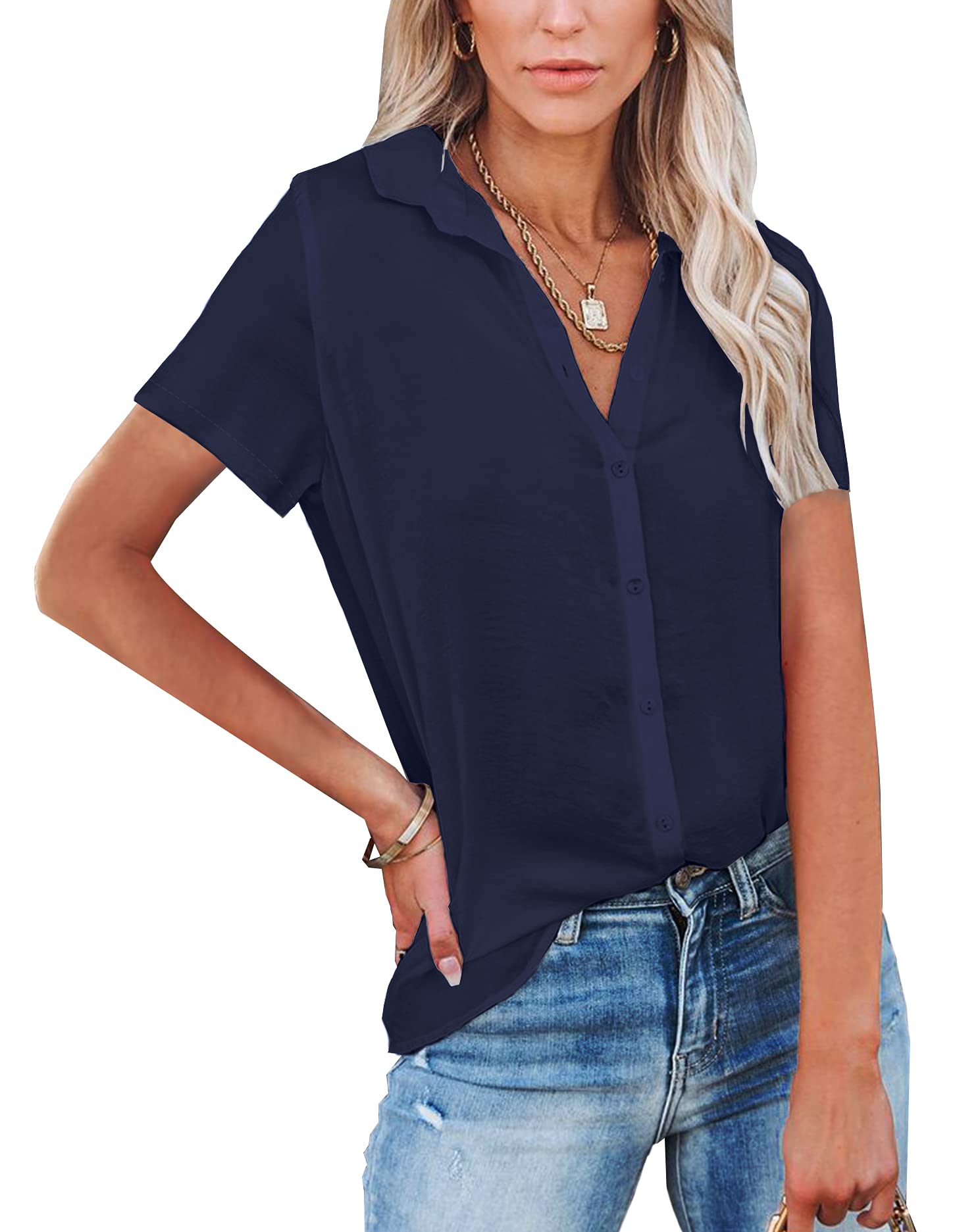 NONSAR Blusa para mujer de manga larga y cuello de pico, con botones, elegante, informal, para el trabajo