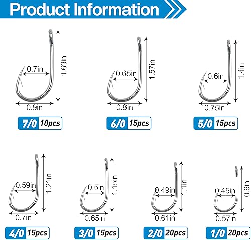 Miniatura 4 de Anzuelos de pesca para agua salada, 110 ganchos de cebo de acero inoxidable, ganchos circulares de cebo vivo fuertes 3X, ganchos circulares para