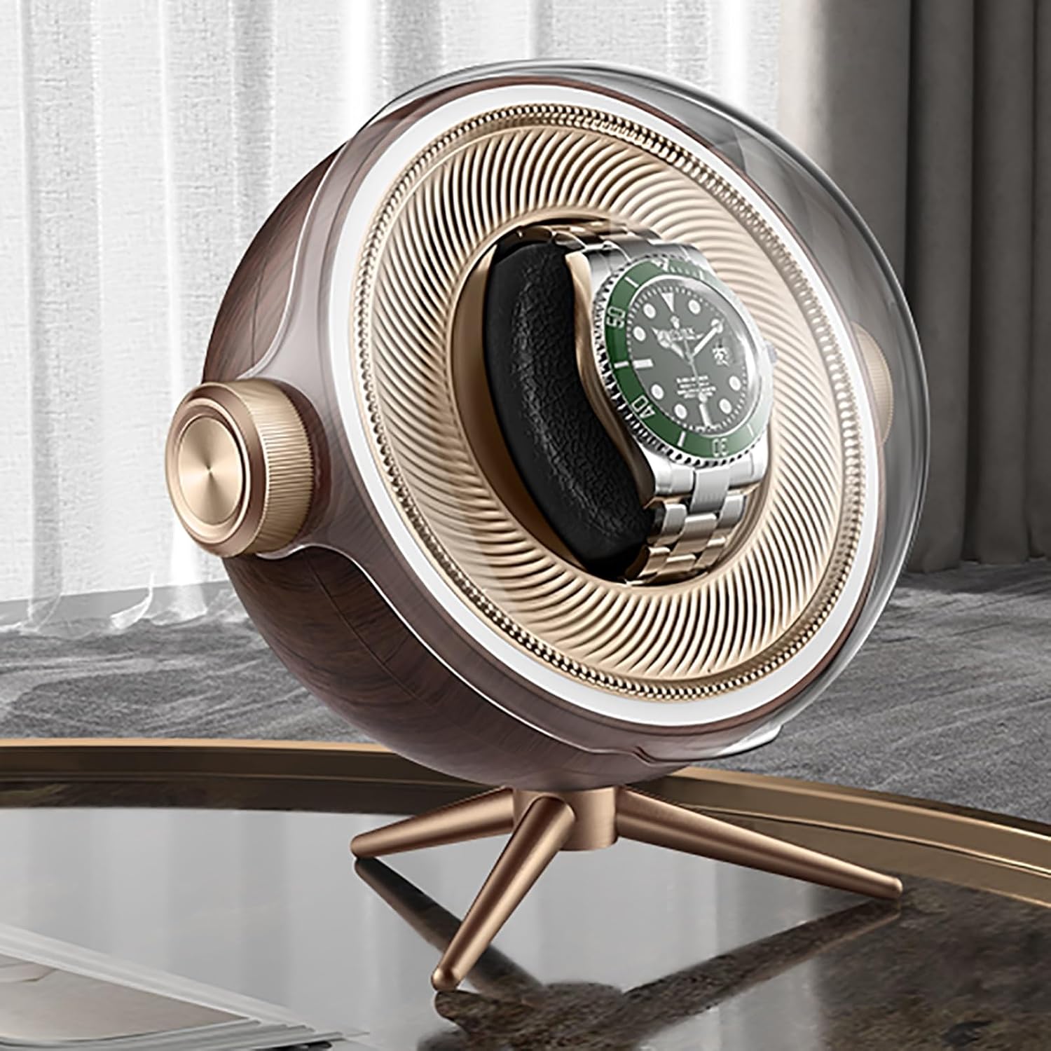 Single Watch Winder for Automatic Watches with Silent Motor, Rotating Watch Box 2 Rotation Modes Setting Display Case with Light(Multi-Colored)