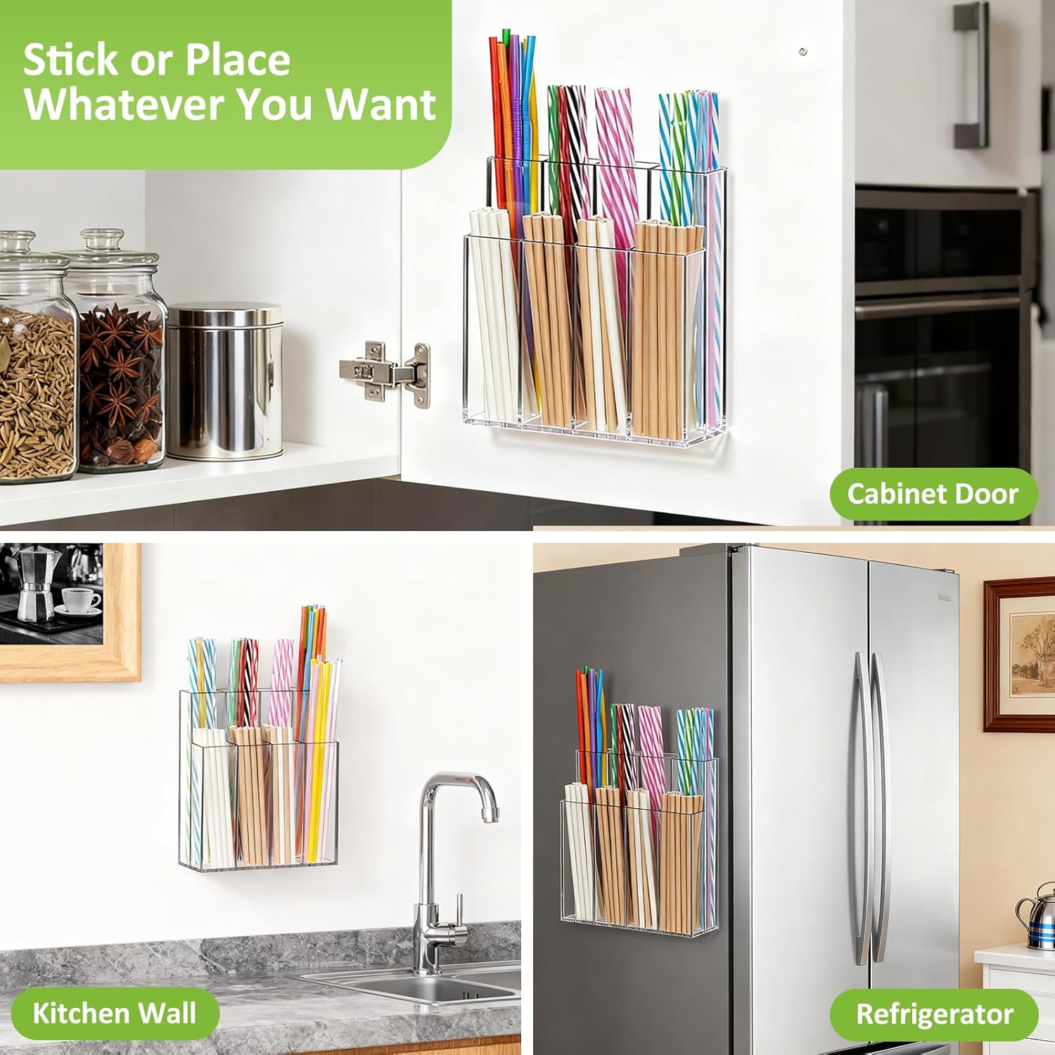 Large Acrylic Straw Holder for Cabinet Door, Clear Straw Organizer for Reusable Straws with Adhesive Strips - Modern Home Bar & Office Accessory (8 Compartments) - Image 6