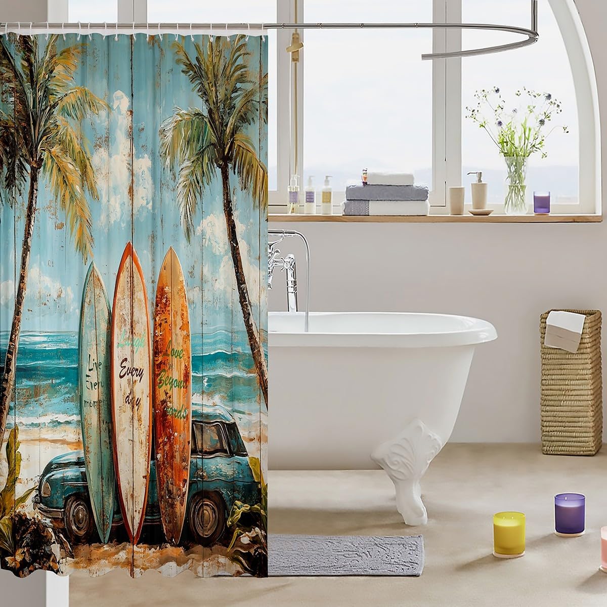 jejeloiu Retro Surfboard Shower Curtain for Bathroom Decor 72"x78" Kids Beach Palm Tree Bath Curtain for Boys Girls Teens Surfing Bathroom Accessories Coastal Car Waterproof Fabric,12 Hooks Suits