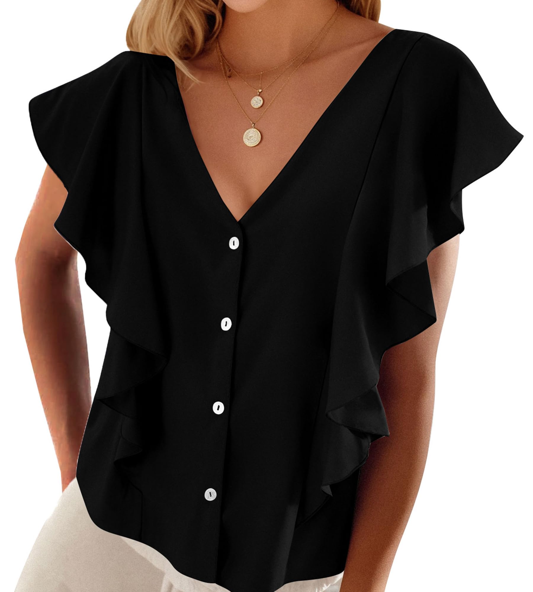 PRETTYGARDEN Women's 2024 Summer Cute Tops Ruffle Cap Sleeve V Neck Loose Fit Blouses Dressy Casual Fashion Ladies Shirts