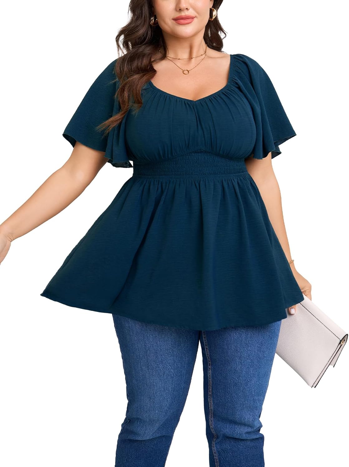 Womens Plus Size Blouse Summer Tops Sweetheart Neck Short Sleeve Ruffle Peplum Smocked Dressy Casual Top