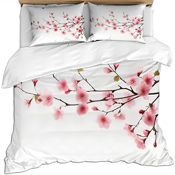 Pink Cherry Blossoms Bedding, California King Duvet Cover, Spring Flowers Duvet Cover, Romantic Branches Comforter Bedspread Quilt Cover, for Kids Boy Women Teen Girl, Bedroom Decor 3 Piece