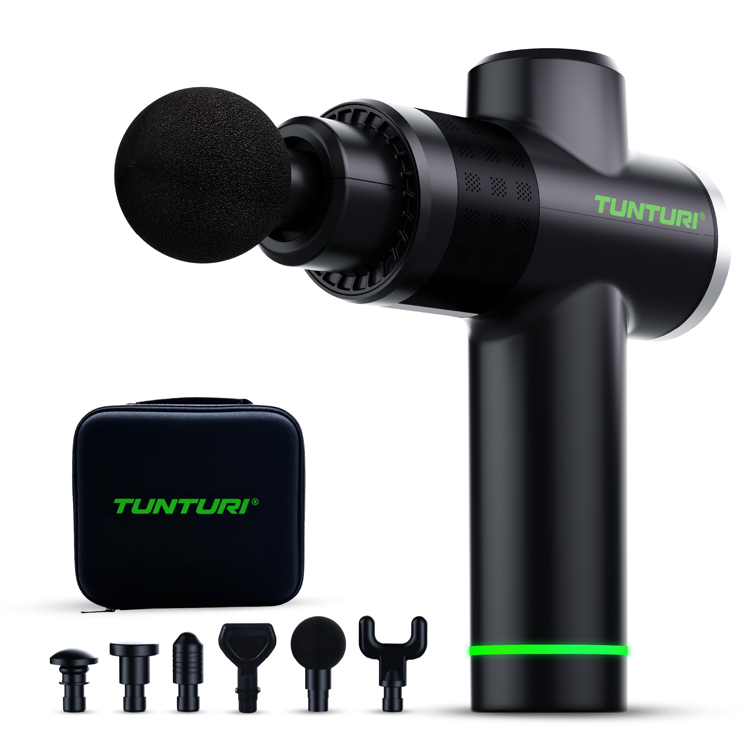 Tunturi MG40 Massagepistole – Massagegerät mit Multi-Griff – Inklusive 6 Aufsätze und Koffer – Extra kraftvoll und leise – Inkl. App