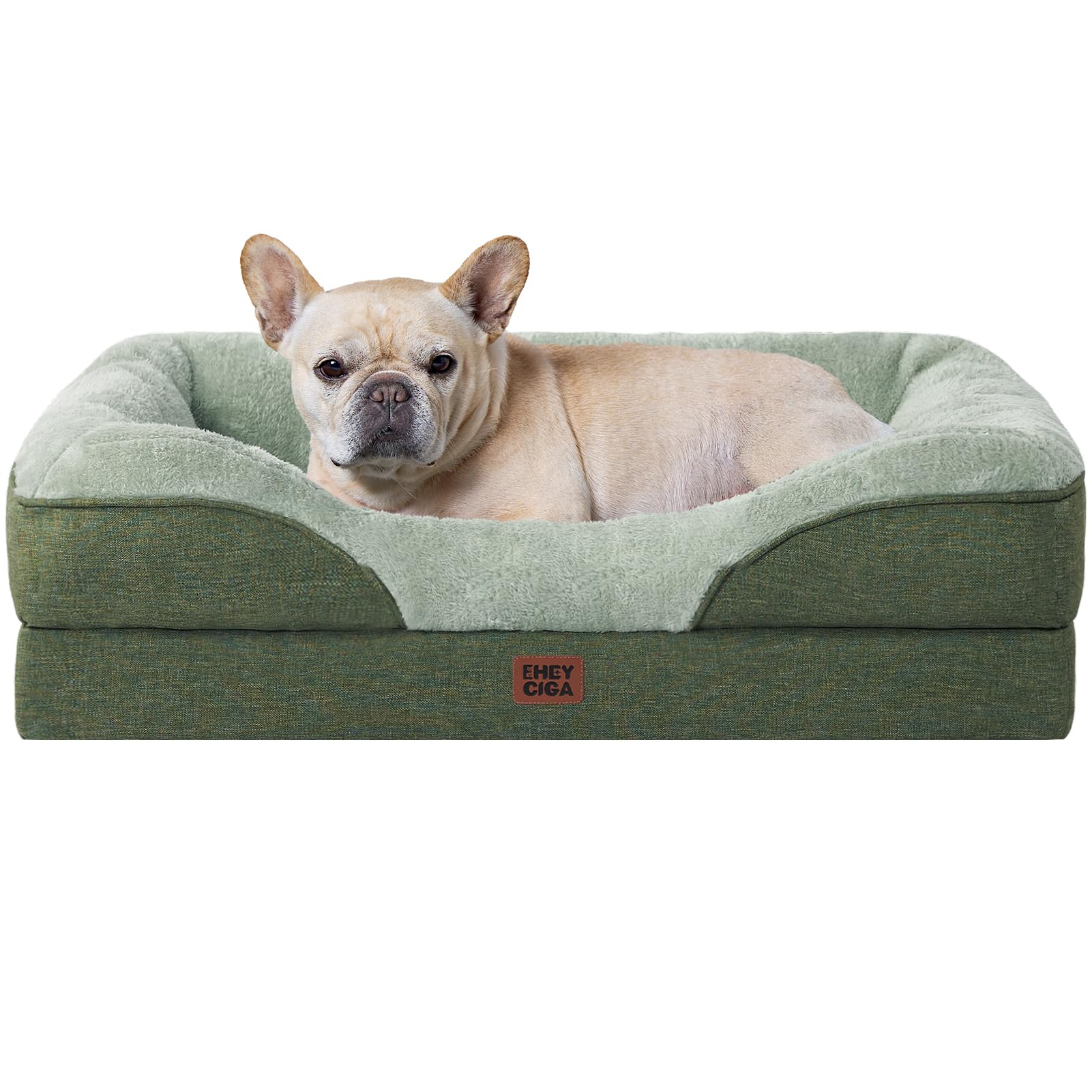 EHEYCIGA Memory Foam Cuccia Cane Interno Taglia Media, Impermeabile Divano per Cani Sfoderabile e Lavabile, Letto per Cani con 4 Bordi Rialzati, Verde, 76x51x16.5cm
