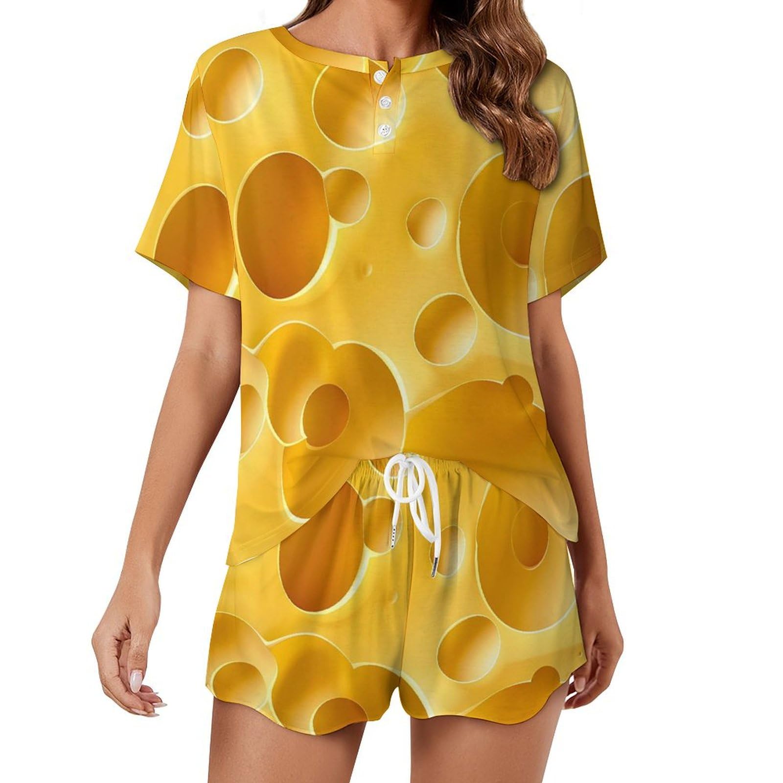 Kwqdozf Women's As Pic Yellow Cheese With Holes Pajamas For Set Button Loungewear Short Sleeve Pjs Lounge Set Soft Comfy 2 Piece