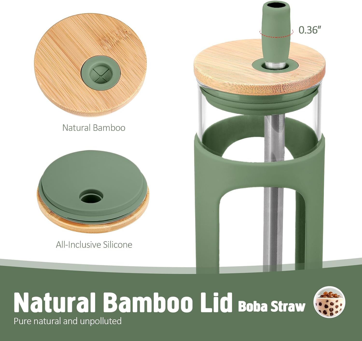 Kodrine 24oz Glass Tumbler with 2 Lids and Straws, Glass Cup With Bamboo Lid and On-the-go Lid, Reusable Iced Coffee Cup, Ideal for Smoothie, Cold Drinks, Fit Cup Holder, BPA Free (1, Olive) - Image 3