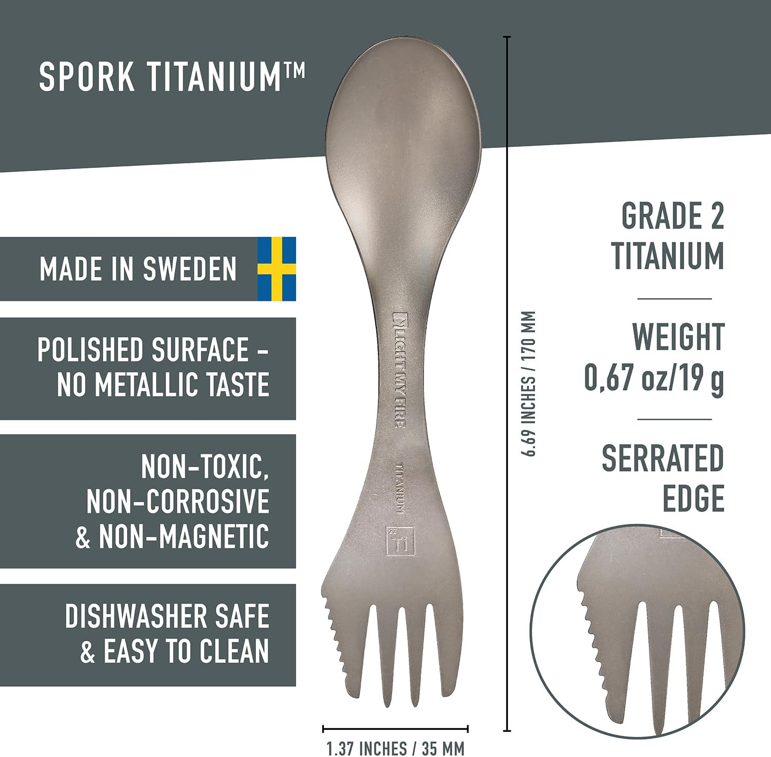 Light My Fire Titanium Spork Camping Spoon Fork Knife Combo Reusable Travel & Camping Utensils Durable Non-Toxic BPA Free Outdoor Backpacking Hiking Picnic Utensil - 1 Metal Spork