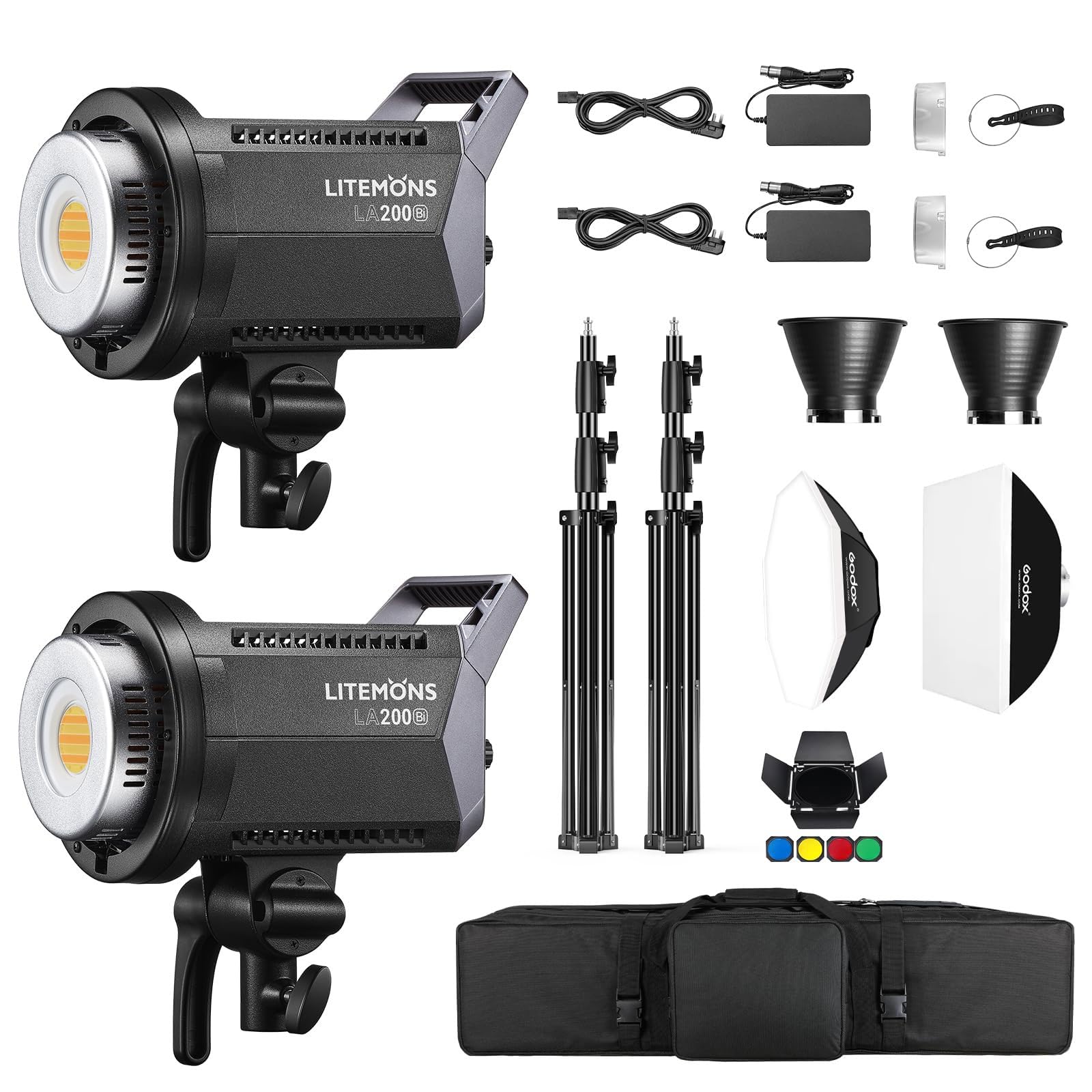 Godox 2 sztuki litów LA200Bi LED Video Light 230 W, światło dzienne, ciągłe wyjście 5600 K, CRI 96 + TLCI 97+, 101000 lux, z mocowaniem Bowens i kontrolą aplikacji do Livestreaming, wideo, YouTuber, 2