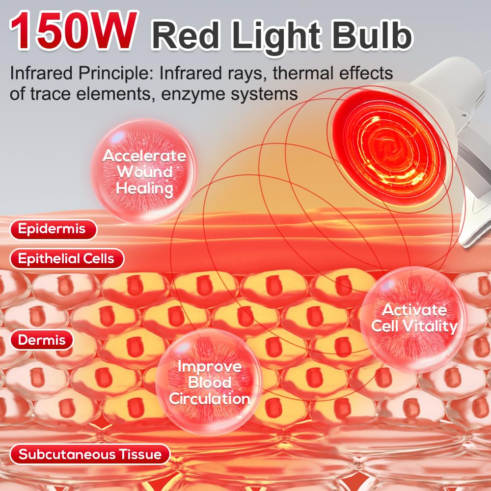 Rotlichtlampe Infrarotlampe 150W, Rotlichtlampe Wärmelampe Mit 3 Stufen Timer, Einstellbarer Temperatur & Einstellbarer Winkel, Rotlicht Infrarot Lampe für entspannende Muskelermüdung (Weiß)