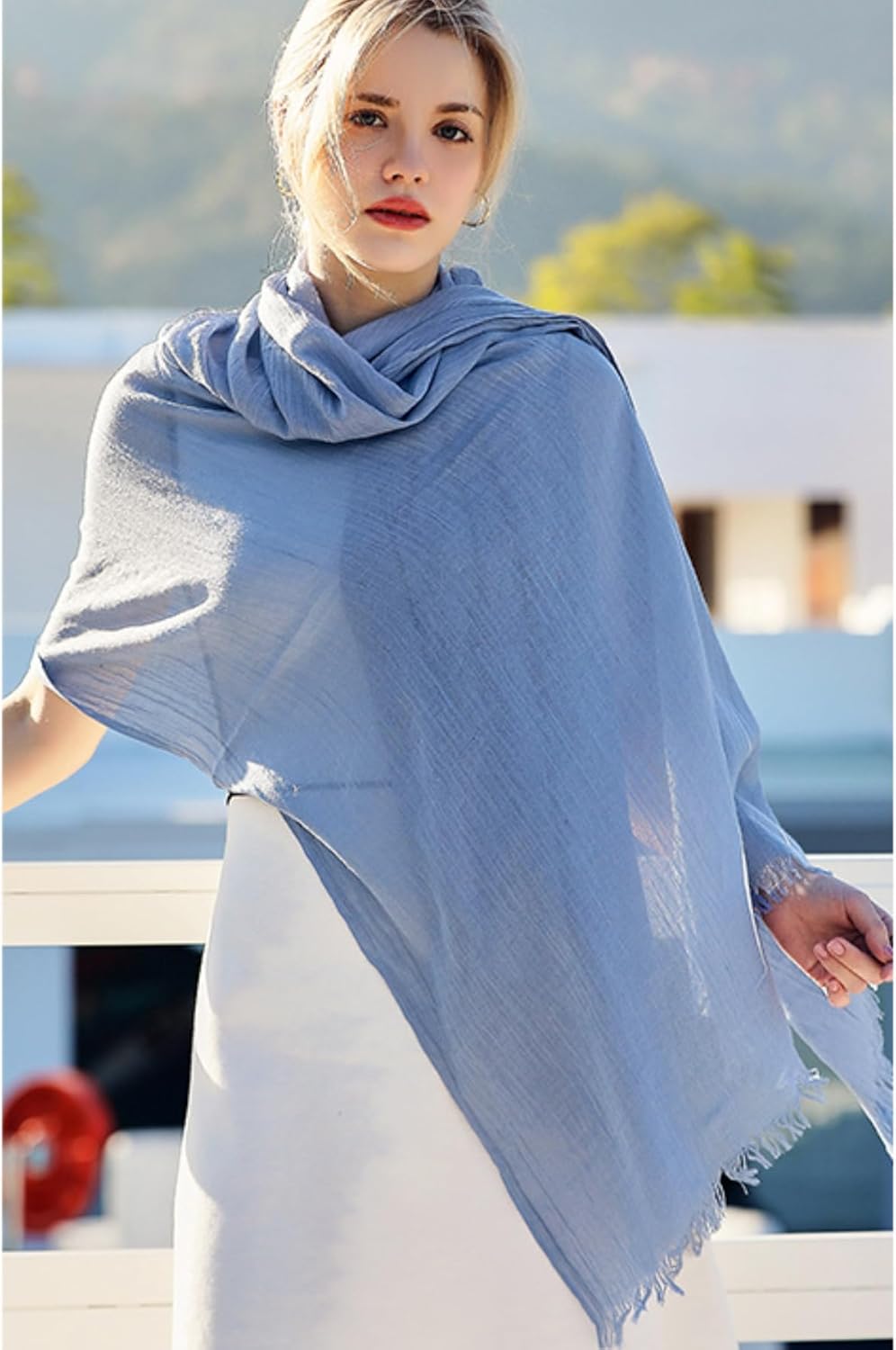 Solid color cotton and linen scarf, wrinkled all season versatile long sunscreen fashionable shawl - Image 3