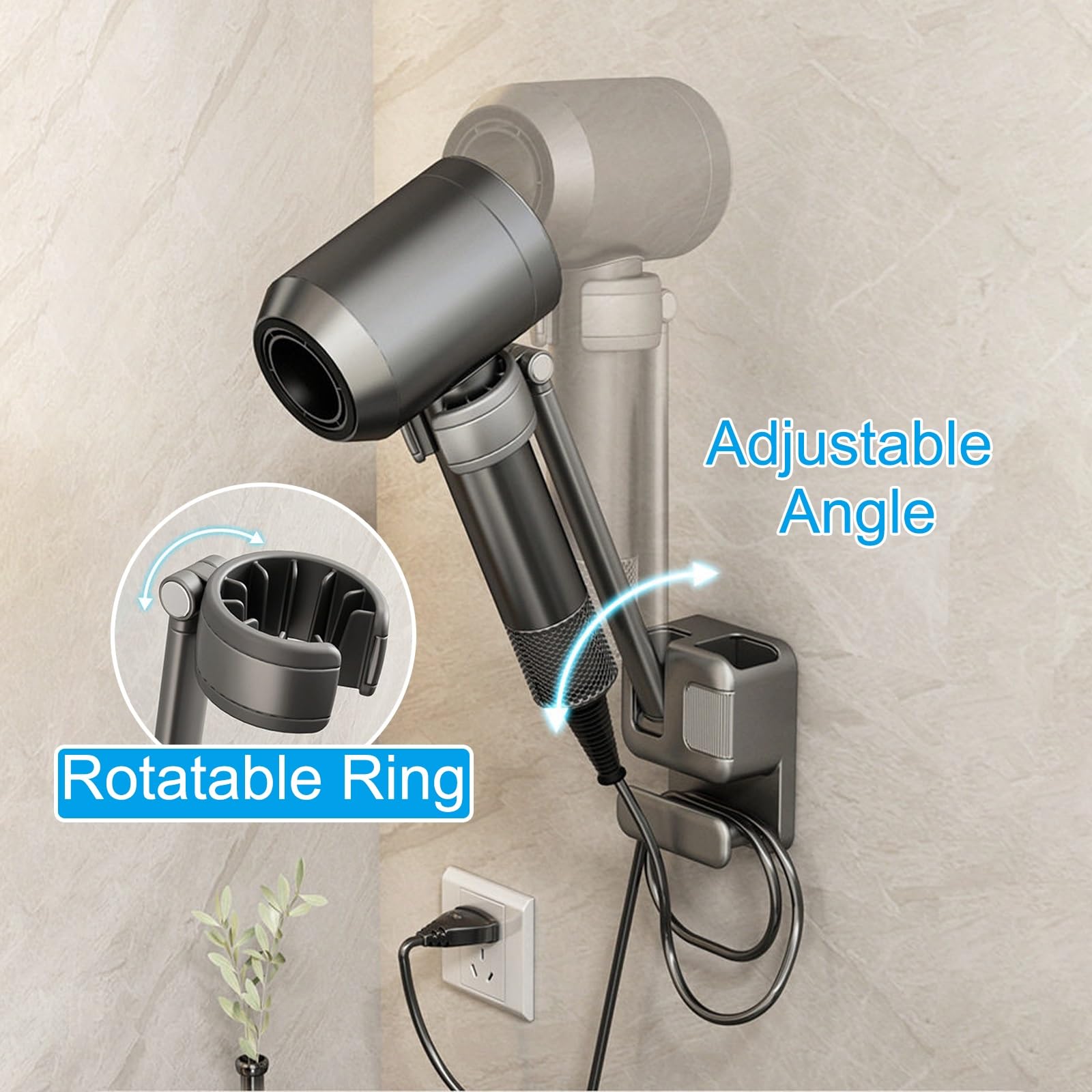 Soporte Secador de Pelo Manos Libres, Ángulo Ajustable, Soporte de Pared para Secador de Pelo, No Requiere Perforaciones, para Baños y Tocadores(Gray)