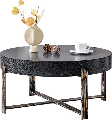 Mesa de centro redonda, mesas de centro modernas de 31.5 pulgadas para sala de estar, mesa de té central circular de madera con patas de metal para