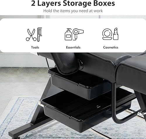 Miniatura 6 de Silla de tatuaje para salón de masaje con dos bandejas, cama de esteticista con taburete hidráulico, mesa de cama facial multiusos de 3 secciones,