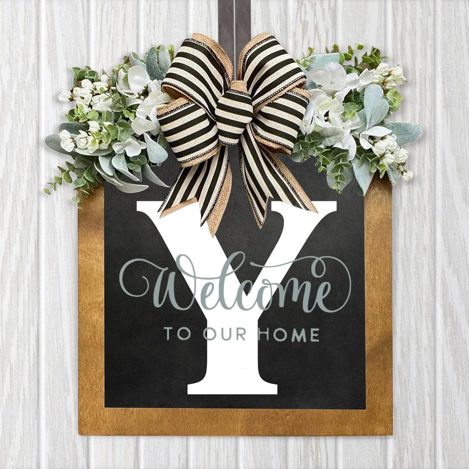 木製姓 通年 フロントドアリース 11.8インチ/15.7インチ 姓リース ホームデコレーション用ウェルカムサイン 26文字 ファー