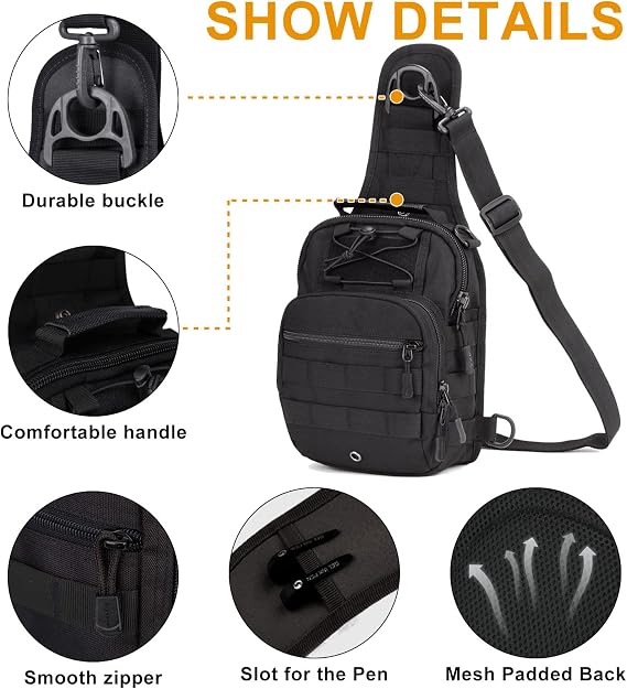 HUNTVP Tactical Sling Bag,Hiking Rucksack Chest Pack MOLLE Military Backpack Bag for Cycling Camping Working out Traveling Outdoor Activity (Type1-Black)