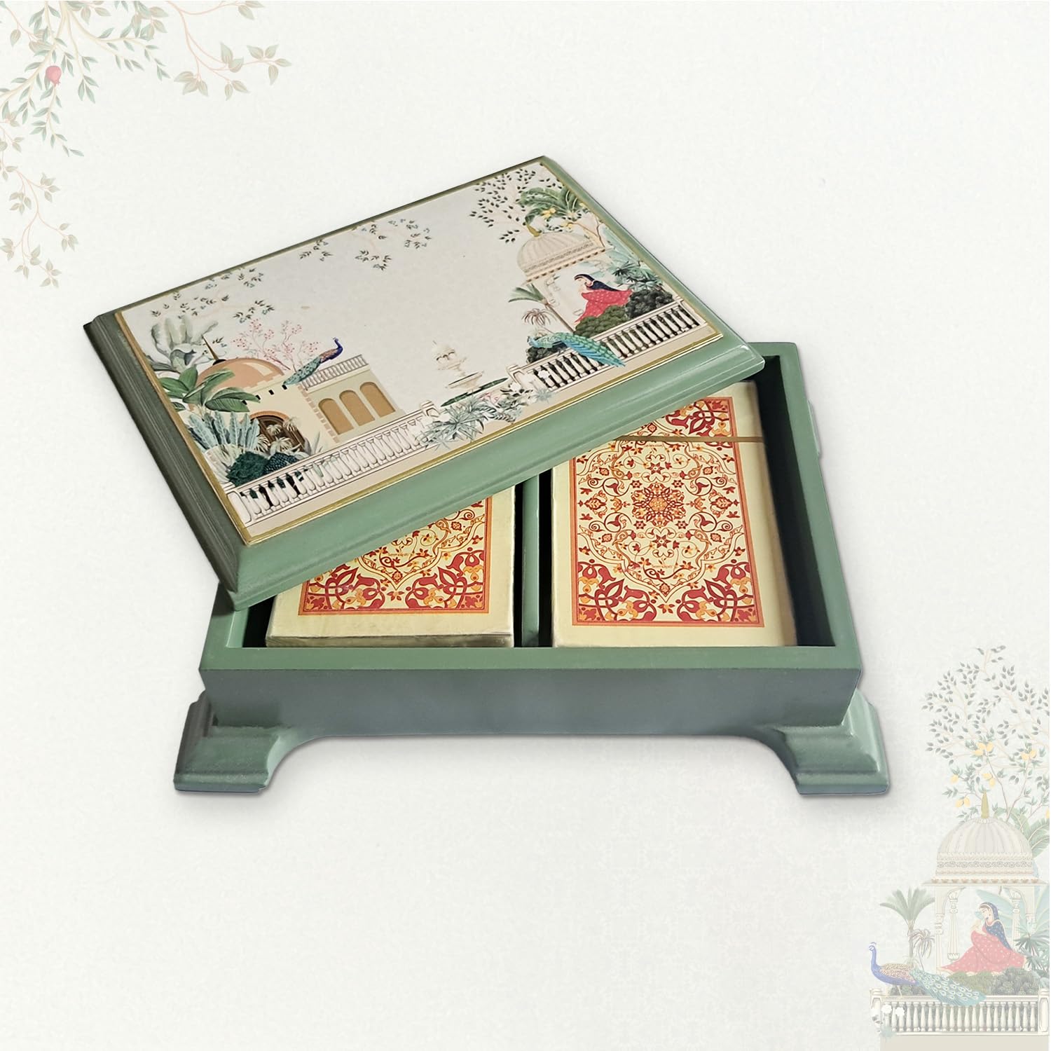 Craftslane Wooden Playing Cards Box Case Tash Holder with 2 Deck Card Organizer Box Gift Box (17.8 x 16 x 11.7 cm) (Garden Princess Playing Card Boxes) 1