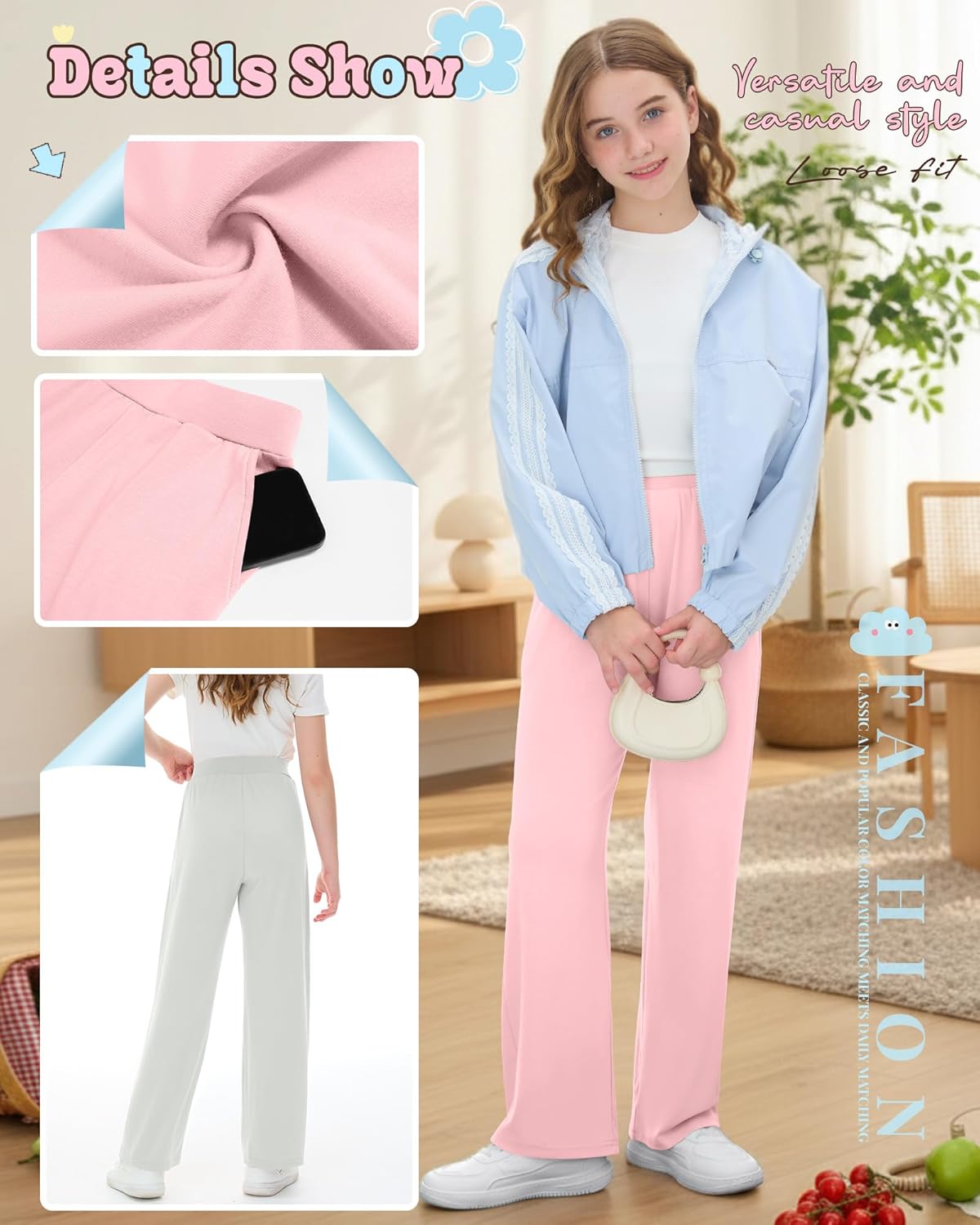 3 Pack Girls' Wide Leg Pants Elastic Waist Baggy Comfy Sweatpants Kids Casual Loose Trousers with Pockets
