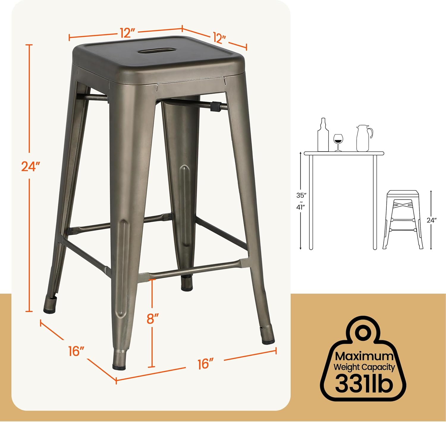 Yaheetech 24 Inch Metal Barstools Set of 4, Counter Height Backless Stools, Industrial Stackable Bar Chairs with Footrest for Kitchen/Dining Room/Bistro/Patio, Metal