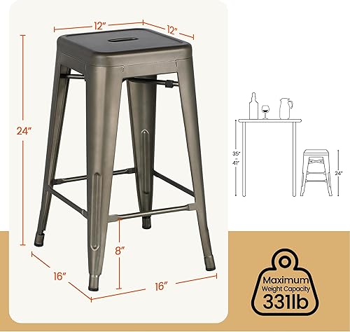 Miniatura 3 de Yaheetech - Juego de 4 taburetes de metal de 24 pulgadas, taburetes de altura de mostrador sin respaldo, sillas de bar apilables industriales con