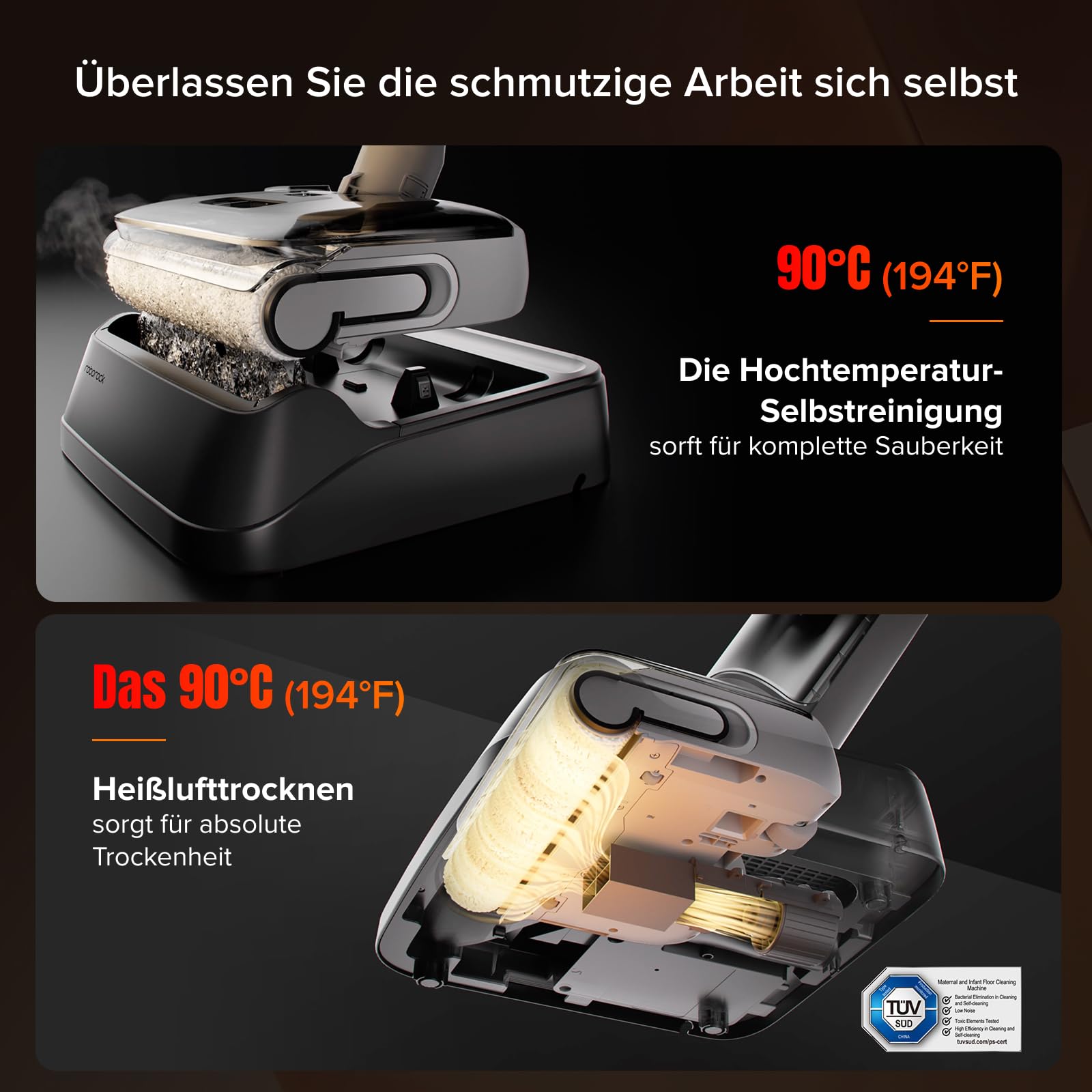 roborock F25 GT Nass Trockensauger, 180° Lay-Flat Saugwischer, 90°C Hochtemperatur Selbstreinigung, 20.000 Pa Akku Staubsauger mit Wischfunktion, Wischsauger Kabellos Anti-Tangle für HarteBoden - 5