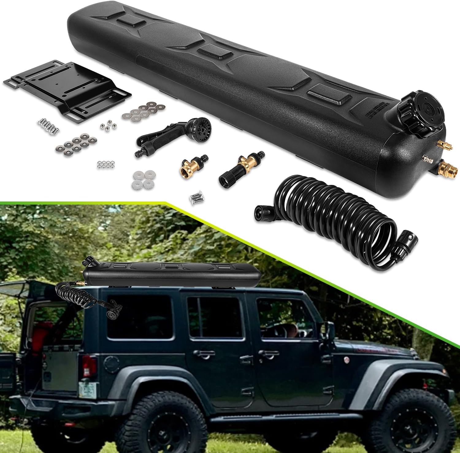 Yoursme 8-Gallon Pressurized Water Tank, Portable Camping Shower Water Storage with Spray Hose Roof Rack Mount for Pick-up Trucks & Off-Road Vehicles Overland Outdoor Activities Water Supply